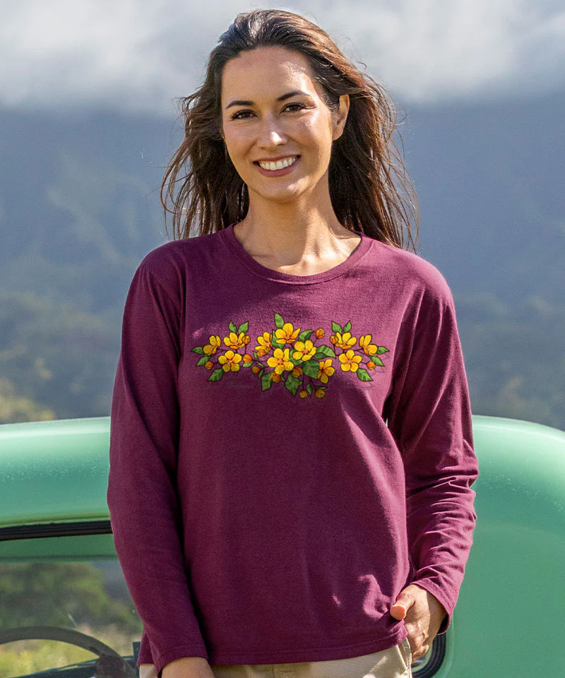 Ilima Blossoms - Wine Dyed Long Sleeve Crewneck T-Shirt - Image 2