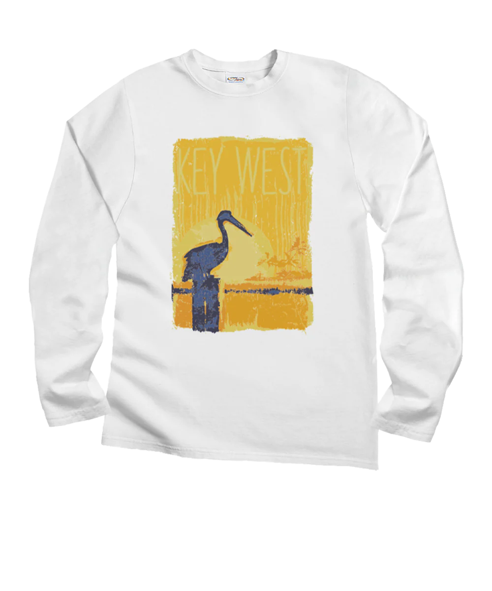 Painted Pelican - White Long Sleeve Crewneck T-Shirt