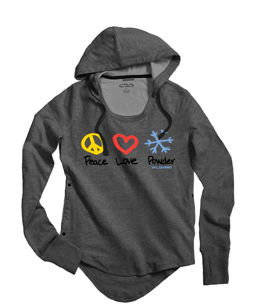 Peace Love Powder - Gray Heather Long Sleeve Harmony Hooded T