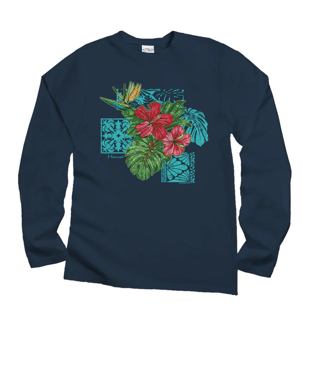 Pua Nani Montage - Navy Long Sleeve Crewneck T-Shirt