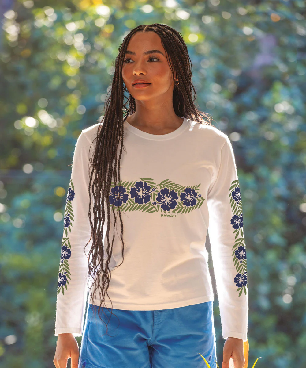 Retro Hibiscus - White Long Sleeve Crewneck T-Shirt - Image 2