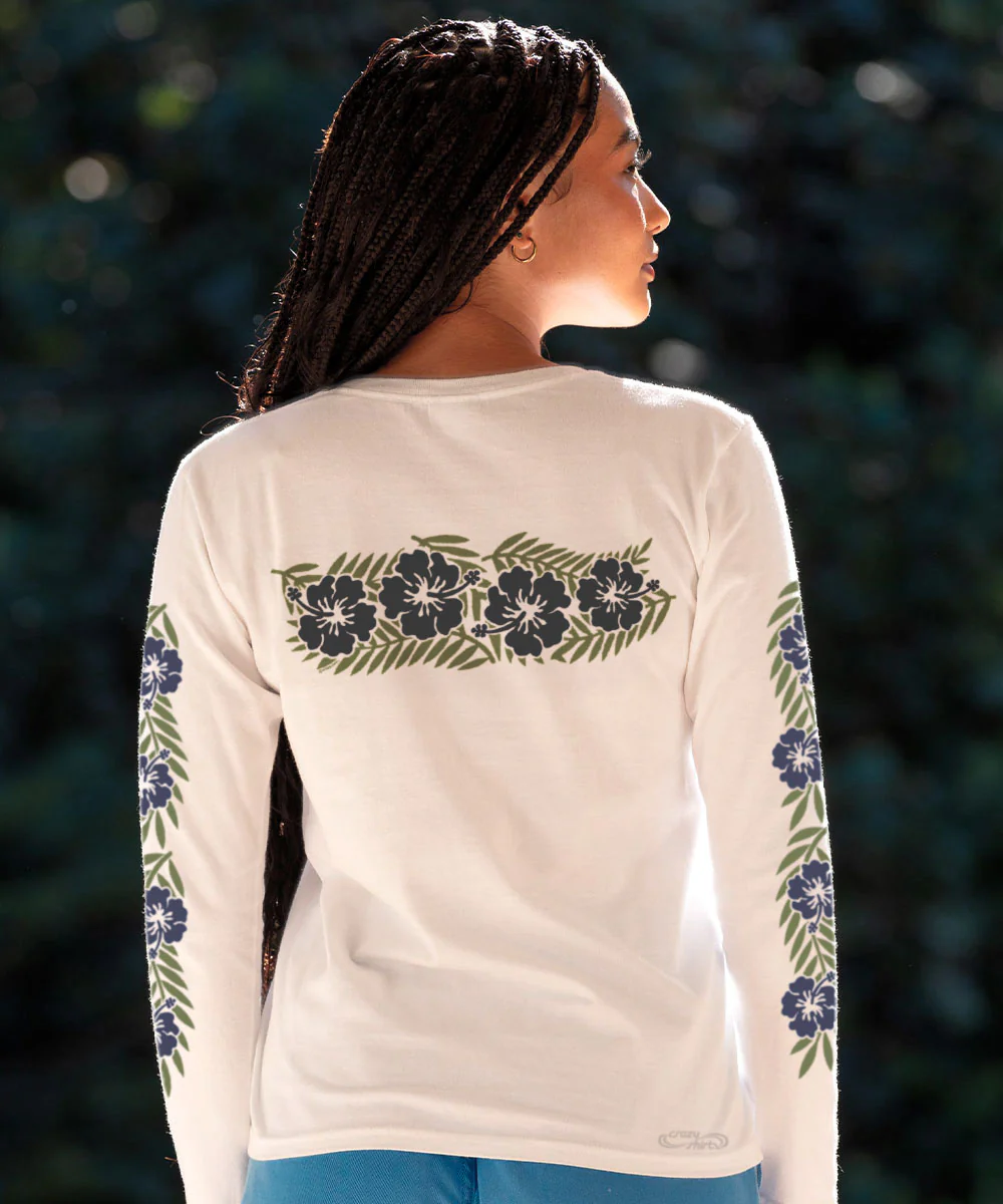 Retro Hibiscus - White Long Sleeve Crewneck T-Shirt - Image 3