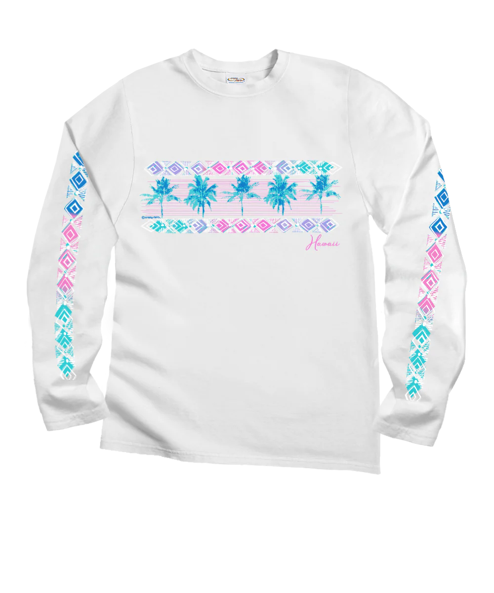 Row Of Palms - White Long Sleeve Crewneck T-Shirt