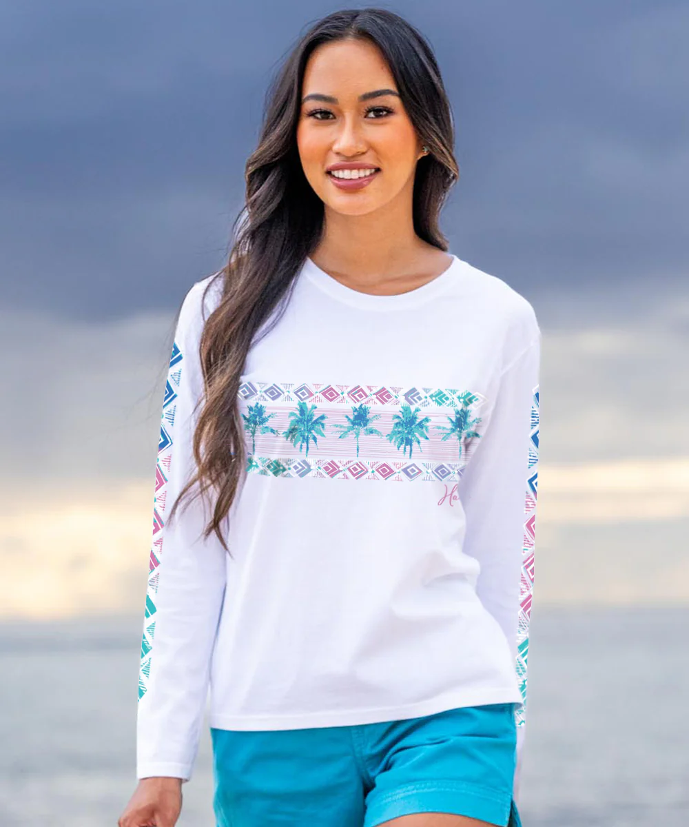 Row Of Palms - White Long Sleeve Crewneck T-Shirt - Image 2