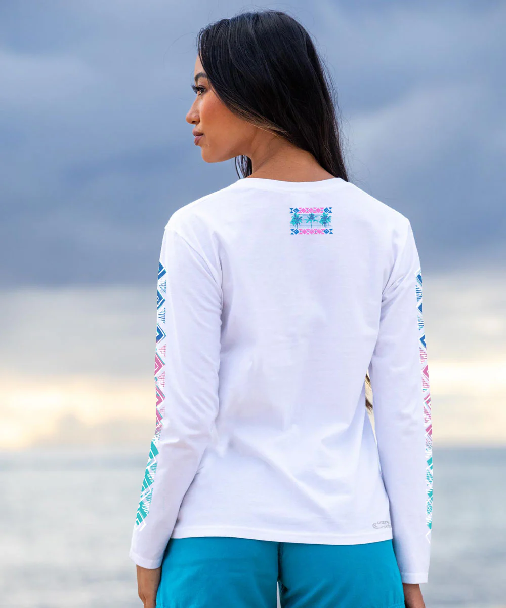 Row Of Palms - White Long Sleeve Crewneck T-Shirt - Image 3