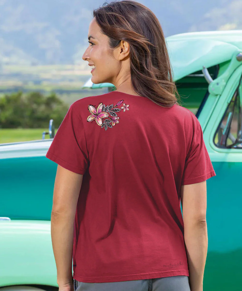 Sketchy Plumeria - Paradise Red Dyed Short Sleeve Scoop Neck T-Shirt - Image 3