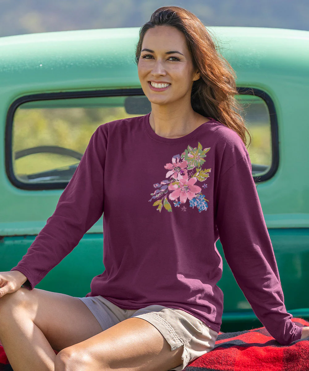 Splash Of Floral - Wine Dyed Long Sleeve Crewneck T-Shirt - Image 2