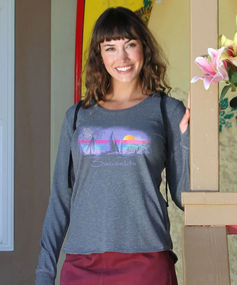 Sunsets And Sailboats - Gray Heather Long Sleeve Harmony Hooded T - Image 2