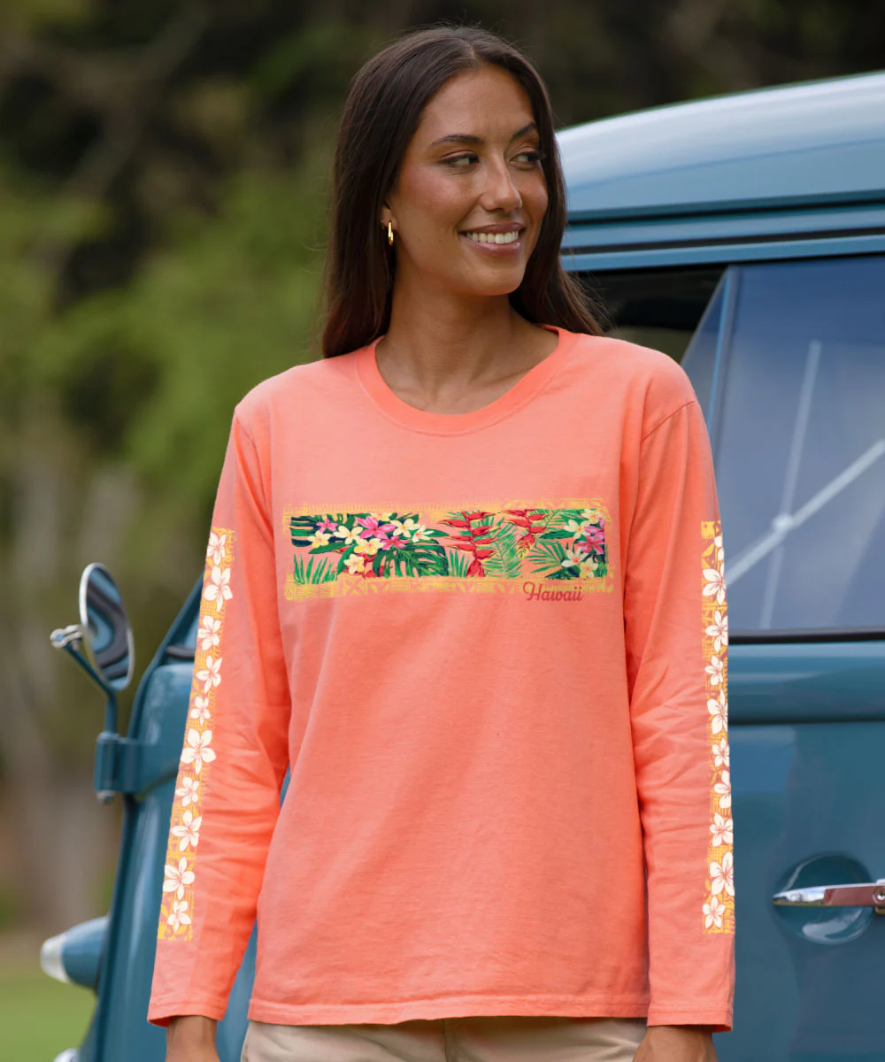 Tranquil Floral - Coral Long Sleeve Crewneck T-Shirt - Image 2