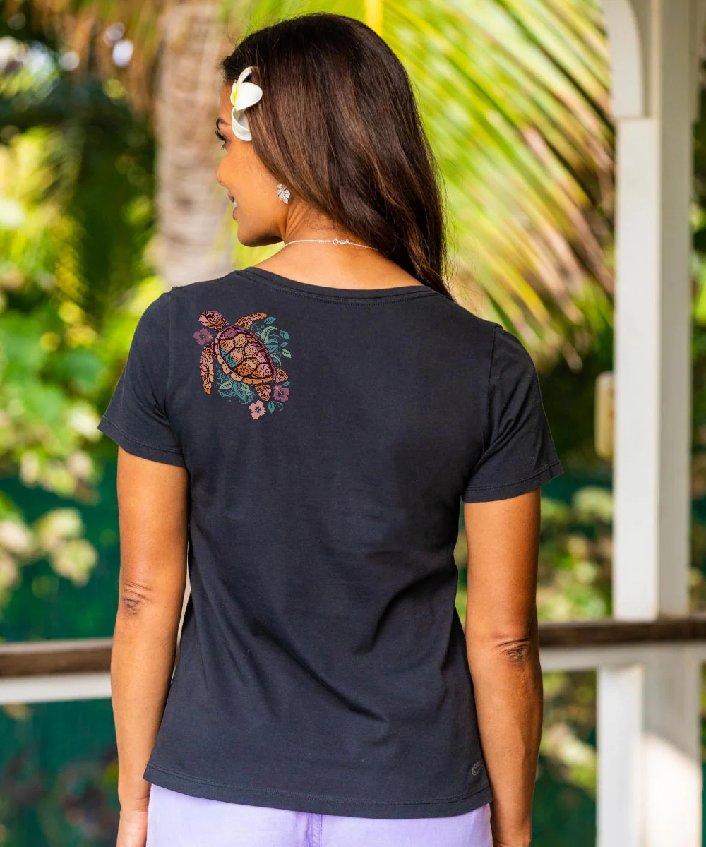 Tropical Floral Turtle - Jet Black Short Sleeve Pima V-Neck T-Shirt - Image 3