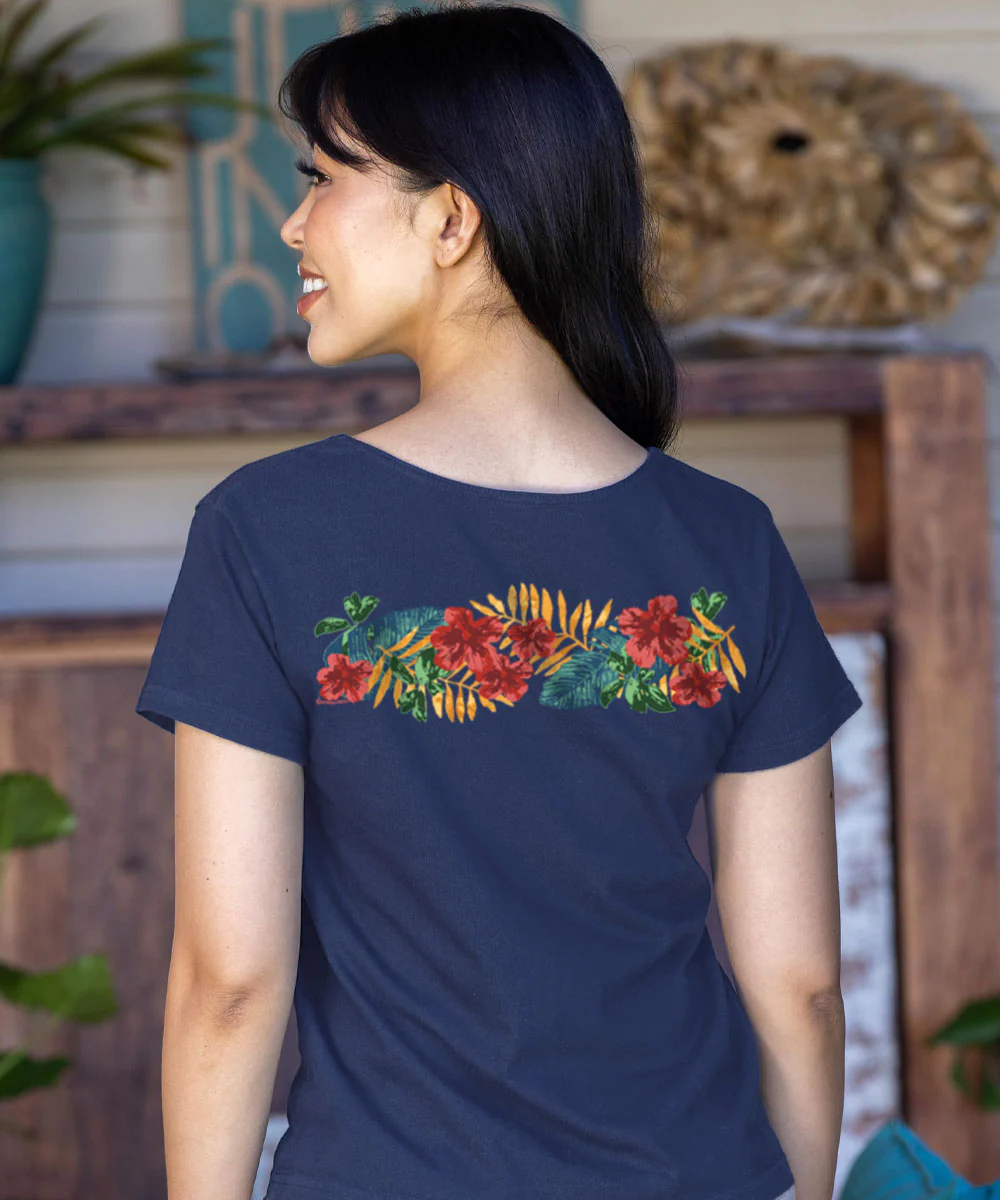 Tropical Leaves Band - Navy Short Sleeve Scoop Neck T-Shirt - Image 3