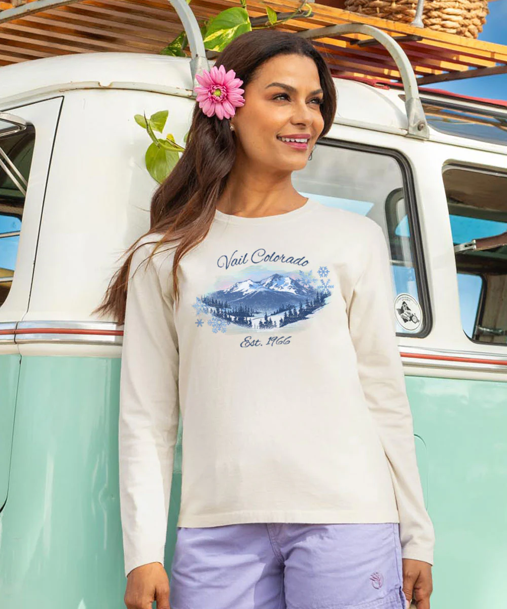 Vail Watercolor Scenic - Coconut Dyed Long Sleeve Crewneck T-Shirt - Image 2